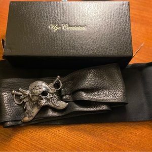 Ugo Cacciatori Sterling Silver Skull Black Leather Belt